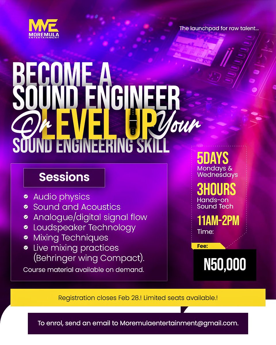 moremulaent's tweet photo. Ready to become a professional Sound Engineer? 🎚️

Join our 5-Day Hands-On Training and level up your sound engineering skills. Limited seats available.

Register now! DETAILS ON FLYER!!

#audioengineering #soundengineering #audioengineer #moremulaent #mmestudio Simi Ramadan https://t.co/KQd5Q27T71