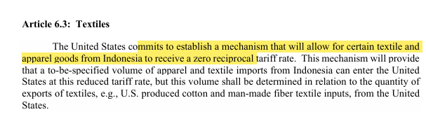 TeknikalSaham's tweet image. Cuplikan Perjanjian Perdagangan Indonesia-US:

1. Indonesia mengenakan tarif 0% atas 99% produk US (Produk pertanian, otomotif, seafood, kesehatan dll)

2. US mengenakan tarif max. 19% atas produk Indonesia, dengan pengecualian tarif 0% atas beberapa produk, terutama Garment dan