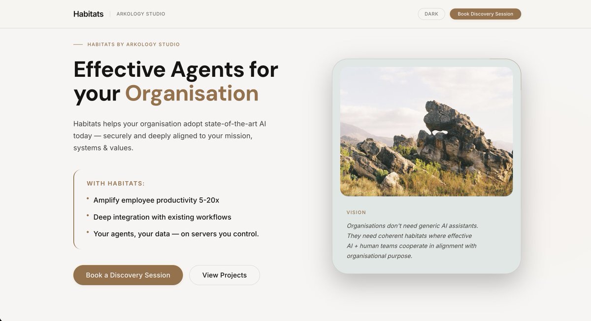 Introducing Habtats: secure, digital environments where humans + AI cooperate in alignment with your organization's purpose.

Find out more &amp; book a free discovery call:
habtats.arkology.studio