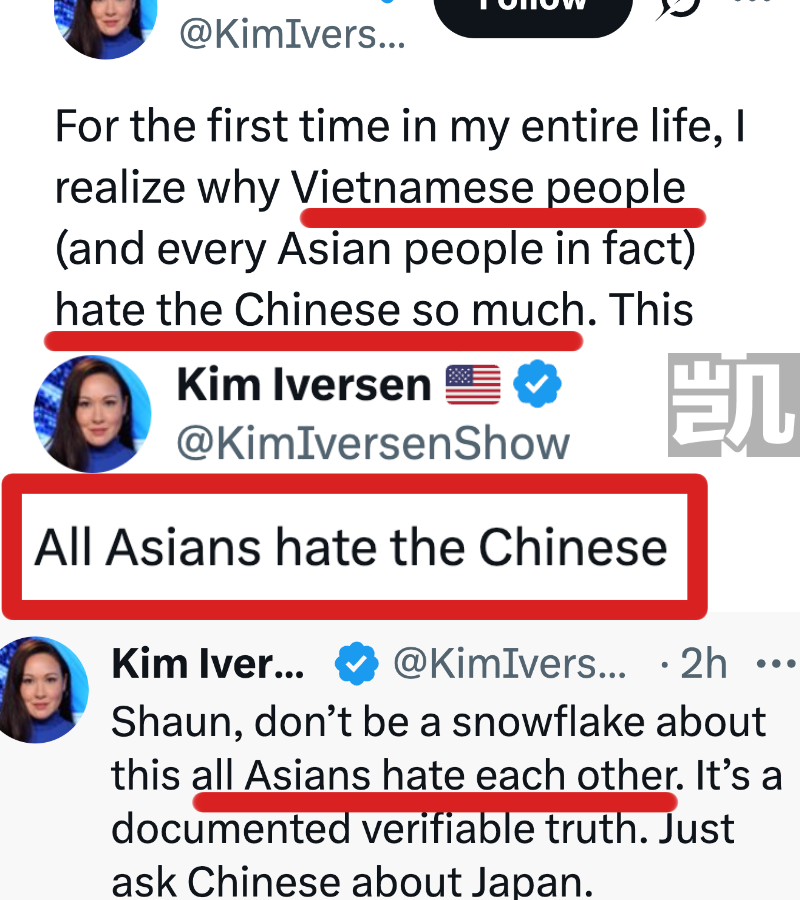 Funny how Kim managed to unite Asians and non-Asians within 24 hours to push back hard against her "All Asians hate the Chinese" rant.

It all began when she gave <a href="/Jingjing_Li/">Li Jingjing 李菁菁</a> a lecture that the Chinese saying Happy Chinese New Year is offensive to Asians.

Well done, Kim!