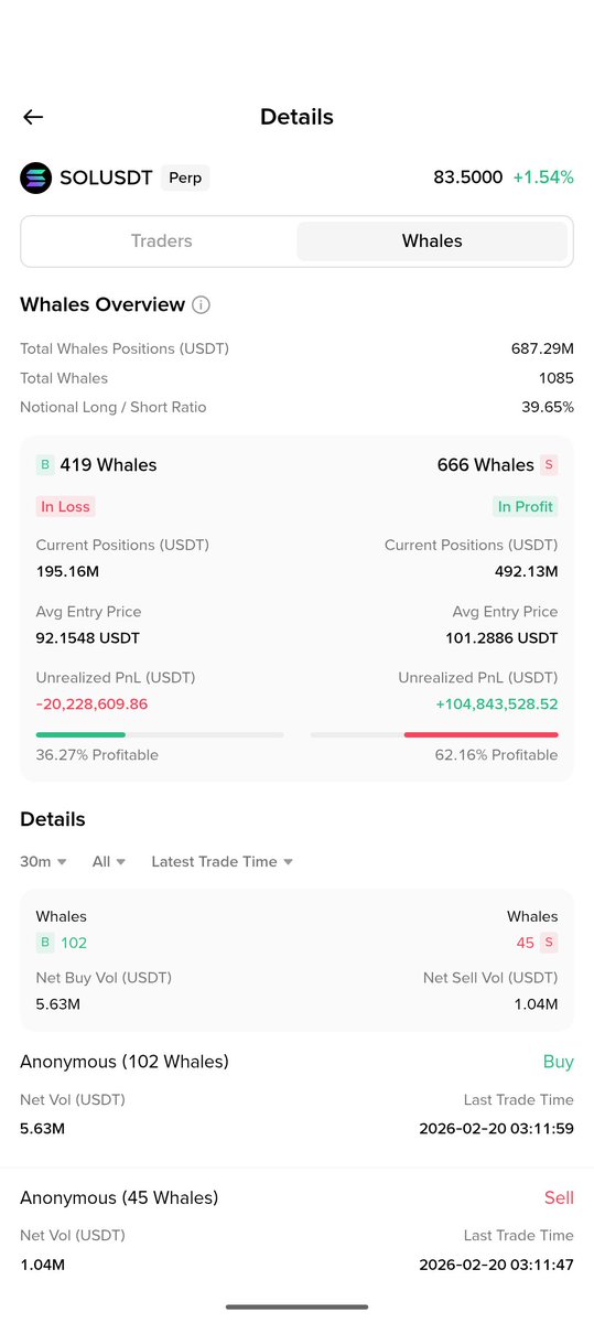 CryptoIsFu70920's tweet image. SOLUSDT whale watch! 1,085 whales, $687M positions. Shorts crushing longs: $104M profit vs -$20M loss. 62% of shorts profitable. #SOL #Crypto #WhaleWatch