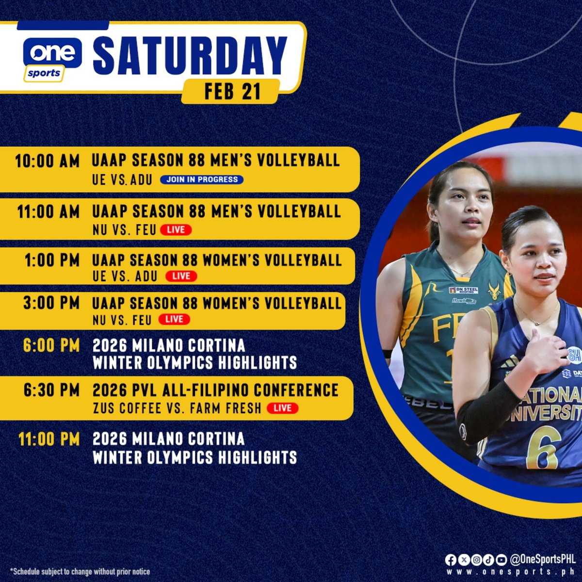 The intensity continues in the #UAAPSeason88 volleyball tournament and #PVL2026 All-Filipino Conference, LIVE this Saturday on One Sports! #GameTayo