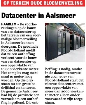 Beste inwoners en bedrijven in Aalsmeer. Wilt u de komende jaren niet gaan zeuren als er gebrek aan stroom of drinkwater in uw omgeving is. Uw gemeente zélf vraagt nog om een datacenter, wat voor duizenden woningen stroom en water vreet! Werkgelegenheid, neen misschien 10 man?.👇