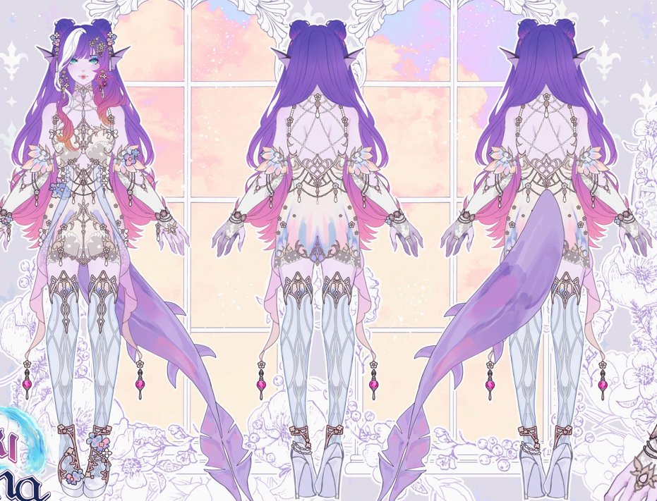 New ref sheet! As always <a href="/DreamingAnya/">ᴅʀᴇᴀᴍɪɴɢ ᴡɪᴛᴄʜ | 夢見る魔女</a> does a beautiful job with my new edits :3 💜🩷I feel a lot more confident in this dress now, hopefully i'll be able to find a mama that can do her justice in the future!