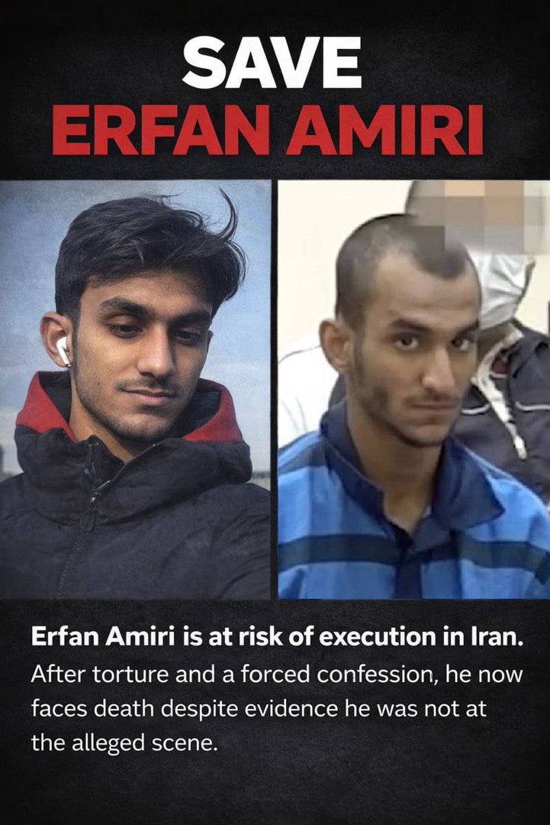 Farhadgol60's tweet image. Erfan Amiri is at imminent risk of execution in Iran after reports say he was tortured and coerced into a forced confession. 

Available evidence indicates he was not at the alleged scene, and his own court appointed lawyer was absent during the hearing, raising serious due