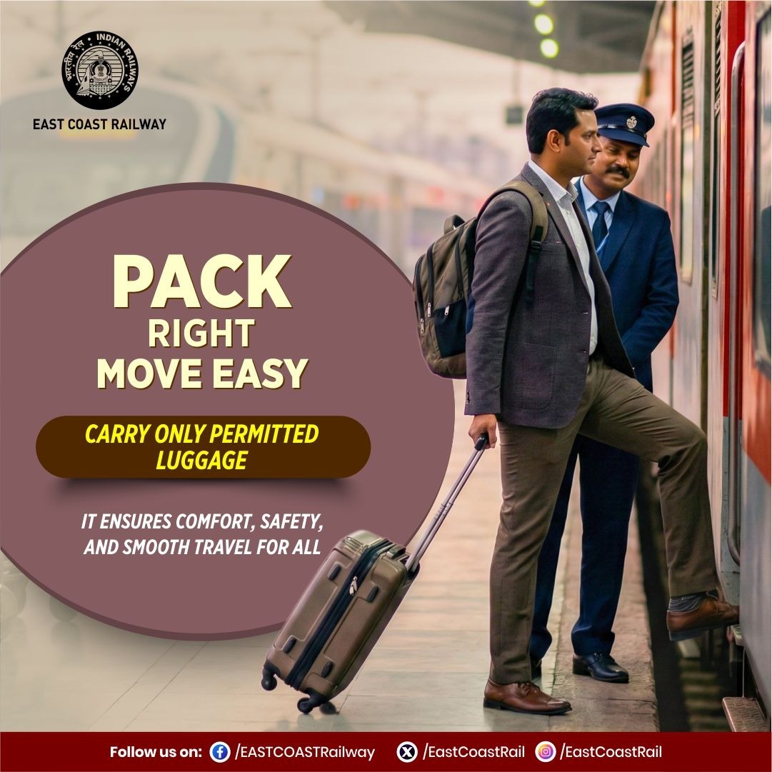 EastCoastRail's tweet photo. Heavy bags shouldn't weigh down your travel experience. Stick to the luggage limits to ensure easy movement for everyone and a safer journey for all.

#PassengerAwareness #TravelGuidelines
#ECoRUpdate @RailMinIndia https://t.co/IX674xZqeb