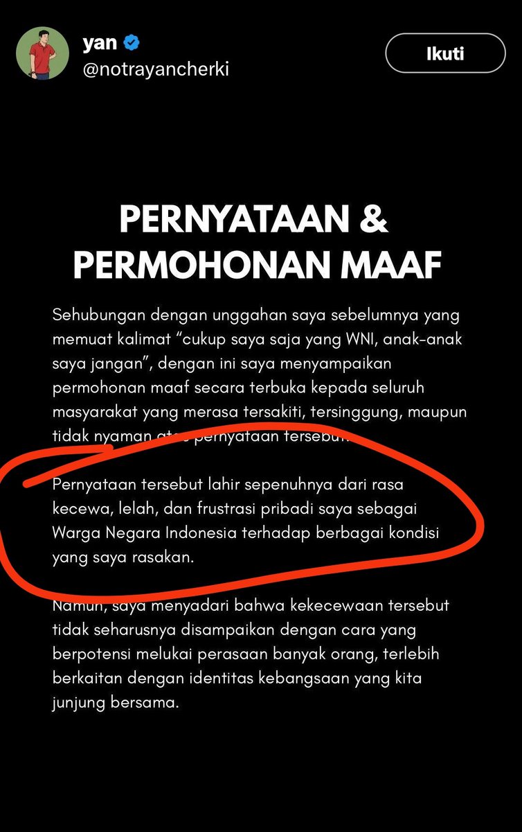 tekarok007's tweet photo. Case Closed? Enak banget...
Setelah merendahkan WNI dengan  video semangat 45, minta maaf cuma ketikan tangan? Mbaknya kan gak bisu, atau males minta maaf langsung dari mulutnya yang hina Negara itu?

Ketikan gitu, bisa diketik orang lain, itu juga masih denial merasa gak bersalah. Gak niat banget minta maafnya.

Bahkan kemarin bilang suaminya bukan LPDP.
Yah harusnya itu minta maaf bareng suaminya, jelaskan semua mengapa si Suami itu kok belum menuaikan kewajibannya pulang ke Indonesia.

Enak banget, Biaya hidup selama ini di LN dibiayain LPDP masih merasa jadi korban negara, mana kemarin ancem laporin polisi ke netizen.

Sekalian juga minta maaf ke negara Indonesia yang kamu rendahin.