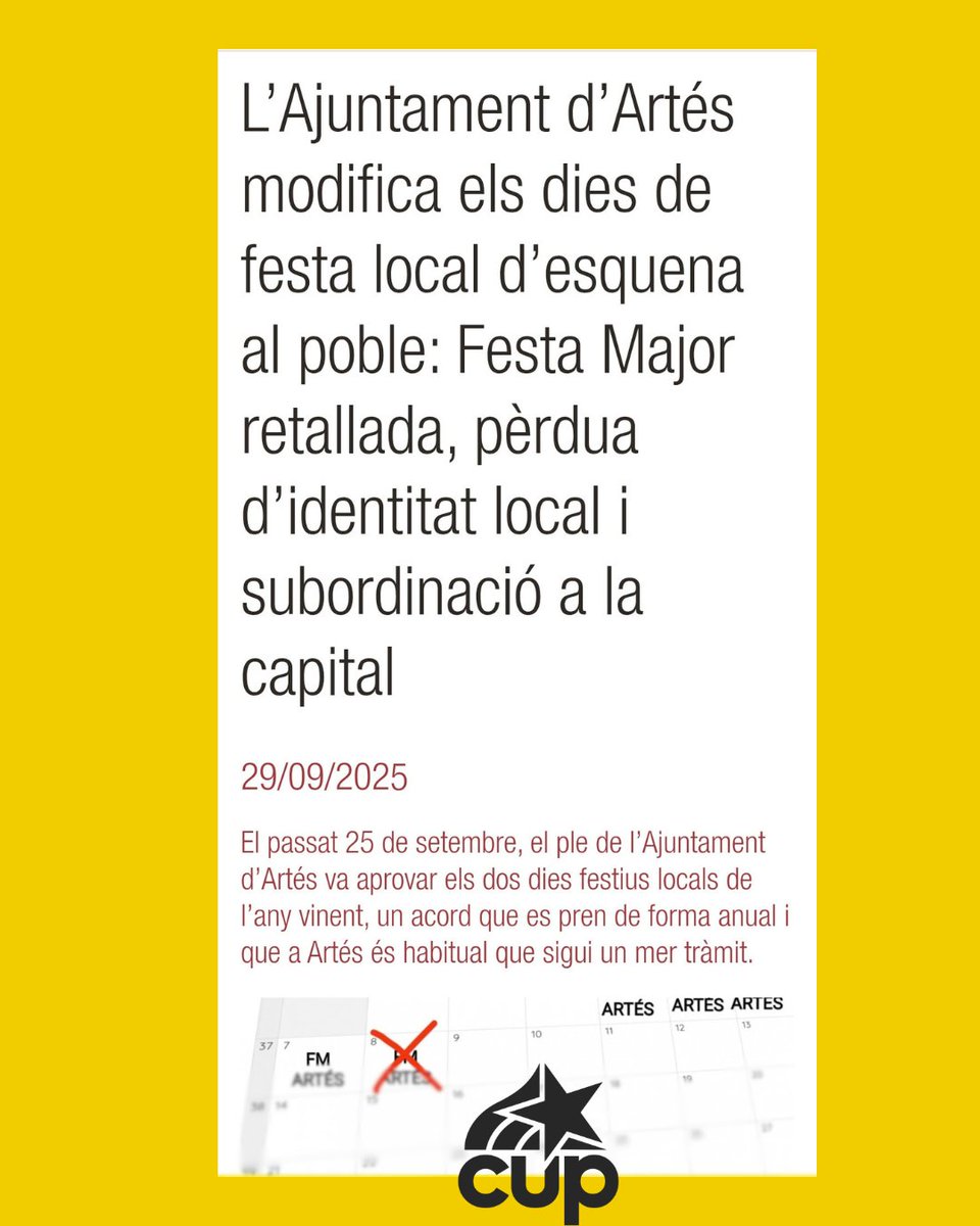 cupartes's tweet photo. Avui és bon dia per recordar que a Artés estem de festa un 20 de febrer per decisió del consistori sense tenir en compte els interessos dels i les habitants d'Artés, el seu teixit comercial i associatiu. Un dia festiu escollit encara no sabem ben bé per què. https://t.co/whG4EpEI8L