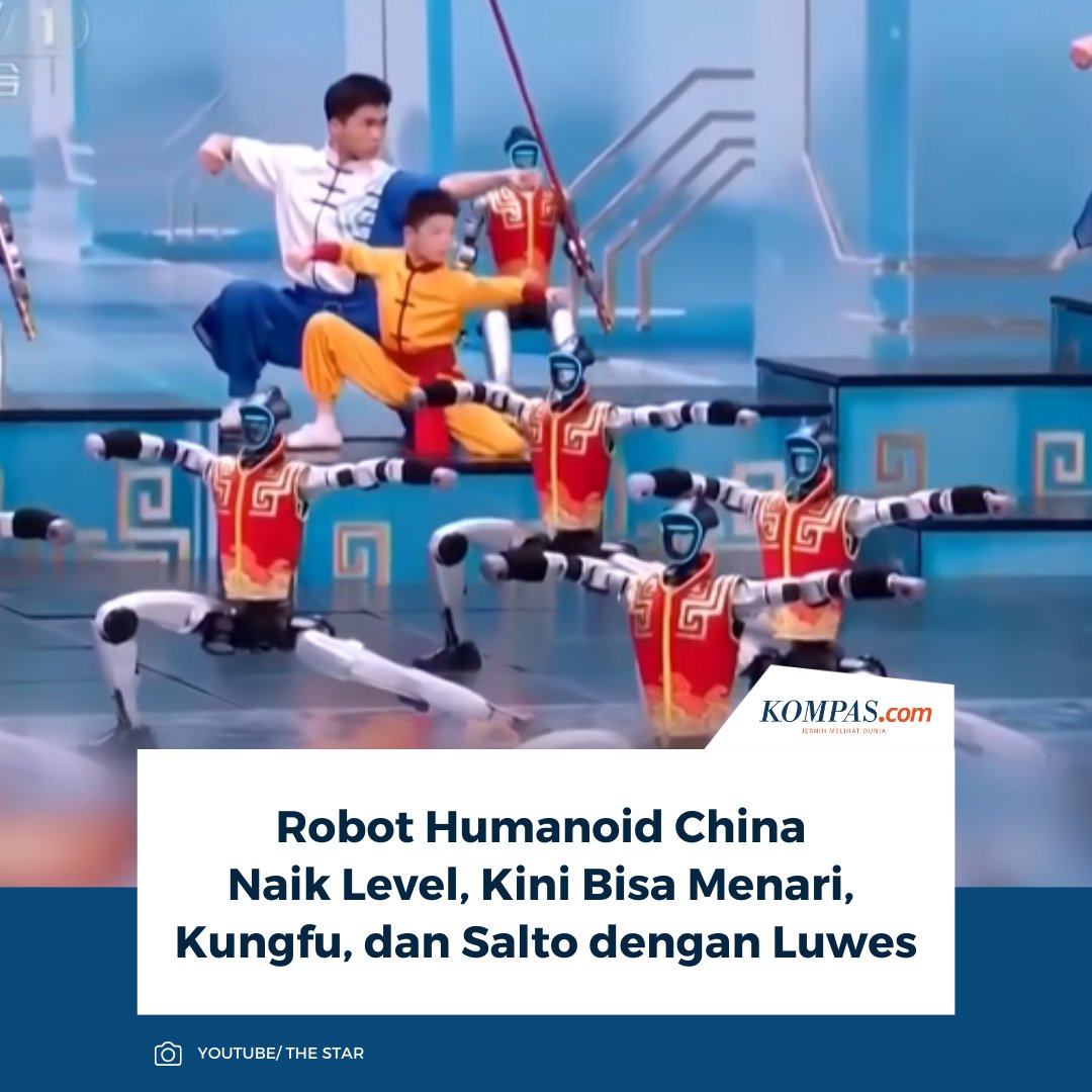 KompasTekno's tweet image. Robot yang dibuat menyerupai manusia (humanoid) buatan China dari yang sebelumnya viral ikut marathon atau berenang, kini mampu menari pedang, melakukan gerakan kungfu, dan salto dengan luwes.

👉🏻Baca selengkapnya tekno.kompas.com/read/2026/02/1…

~AM #Robot #Humanoid #China