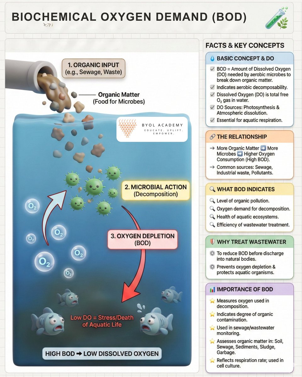 byolacademy's tweet image. Understanding Biochemical Oxygen Demand (BOD), More organic waste means more microbial activity, higher oxygen consumption, and lower dissolved oxygen, putting aquatic life at risk.

#BOD #BiochemicalOxygenDemand #EnvironmentalScience #WaterPollution #WastewaterTreatment