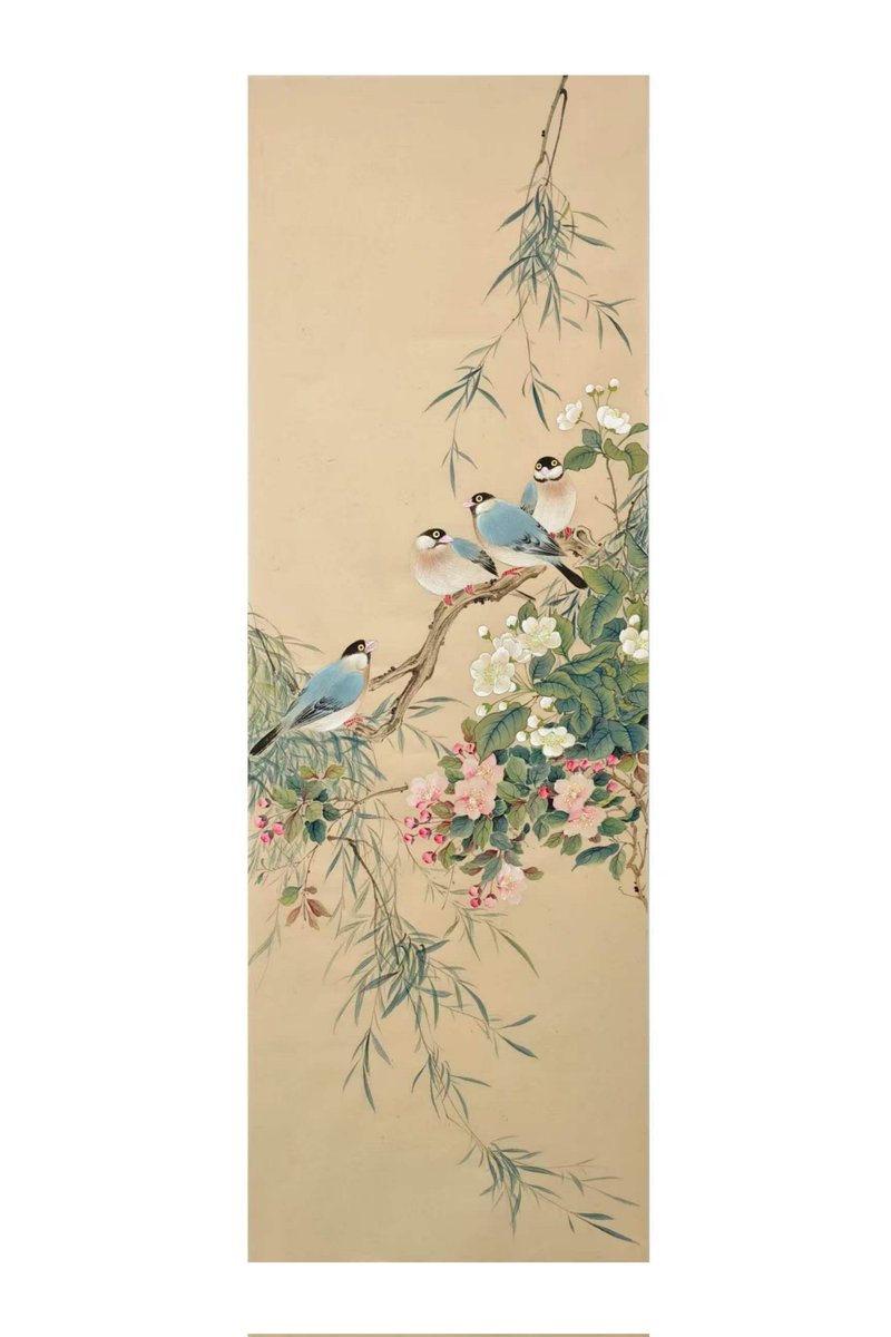 水墨画作品：「鳥と花」 サイズ：30 x 90 cm 素材：宣紙、墨 ご収集の