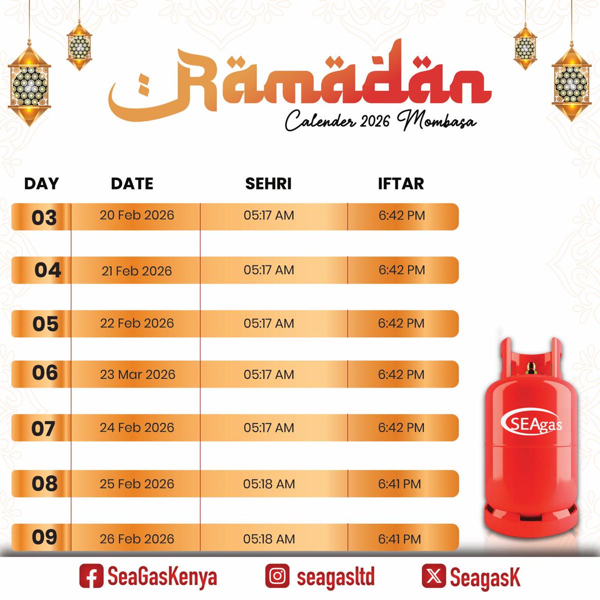 Ramadhani 2026 🌙
Tunakuletea ratiba ya mwezi mtukufu ili kukusaidia kupanga siku zako kwa urahisi.
Tunakutakia mfungo wenye kheri na baraka nyingi.
#ramadhan2026 #Ramadhankareem #Seagas