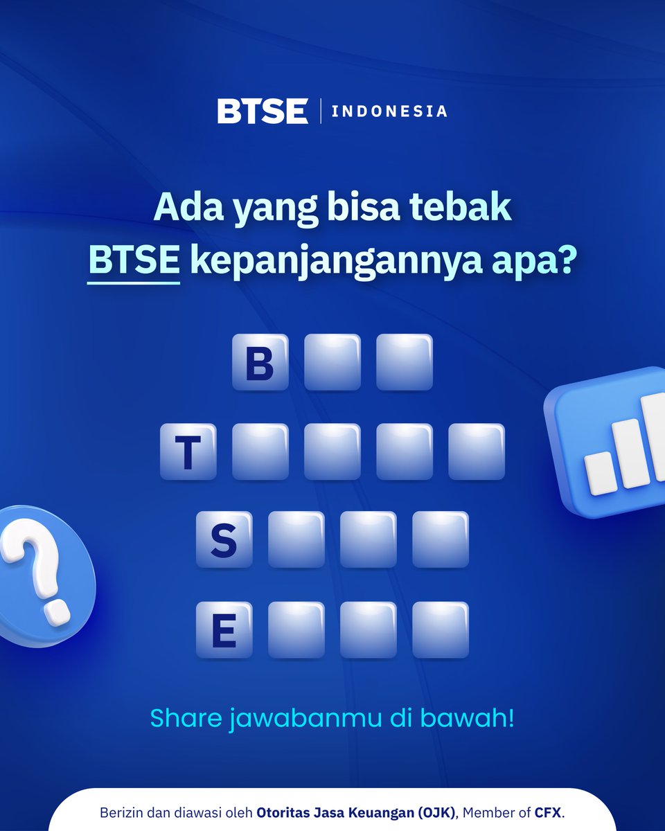 Udah sering denger, tapi udah tahu kepanjangannya belum? Ada yang bisa tebak nggak sih sebenernya BTSE itu kepanjangannya apa? 🤔

Tulis jawaban paling kreatif atau paling meyakinkan versi kamu di kolom komentar ya, Buddies!

#BTSEIndonesia #MudahnyaInvestasi