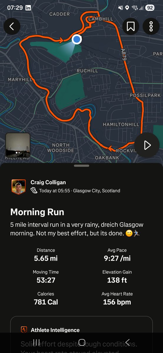 CraigRGNDem's tweet photo. 5 mile interval run in a very rainy, dull Glasgow morning. Not my best effort, but its done. πππ»ββοΈ
#Glasgow #Running #Rainy #Driech #Strava @UKRunChat https://t.co/Y7sas67bhZ