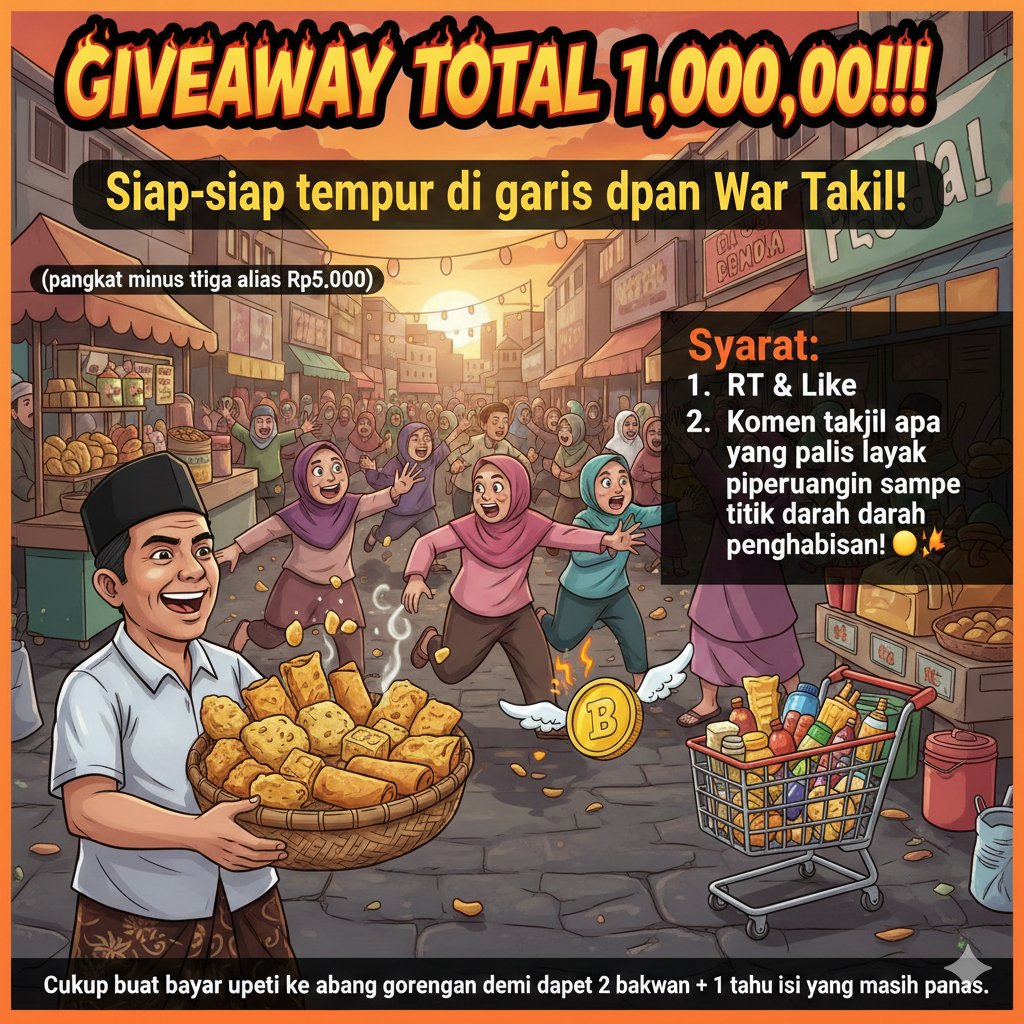 GIVEAWAY TOTAL 1.000.000!!! 💸🔥
​Siap-siap tempur di garis depan War Takjil jam 5 sore nanti! Saya mau bagi-bagi modal buat yang paling gesit. 

​Hadiahnya 1.000.000 (dipotong 995.000) 
Jadi Cuma Rp5.000buat 1 pemenang beruntung!

​Cukup buat bayar upeti ke abang gorengan demi