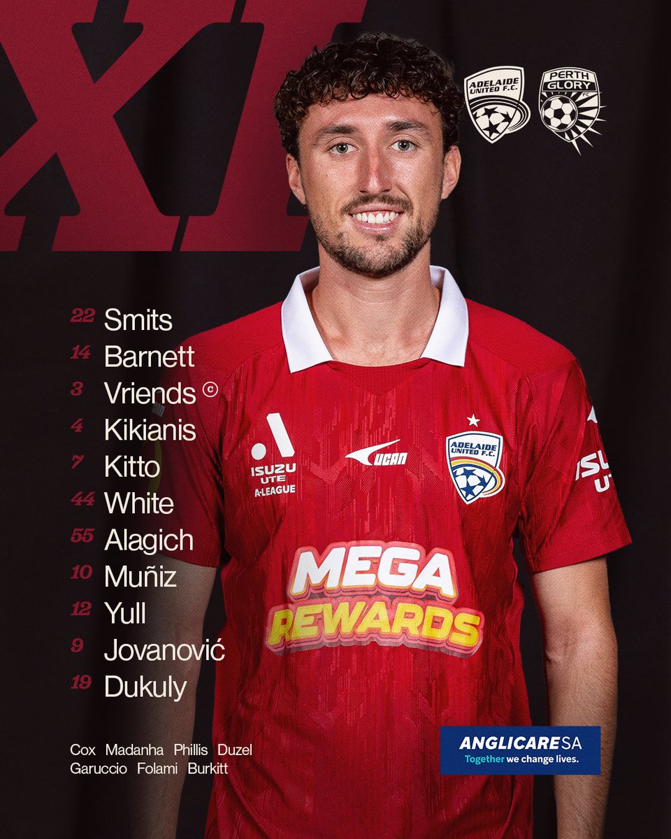 Our Starting XI to take on Perth.

🫡 Captain Vriends leads us out again
🙌 Kikianis is back in the XI 
➡️ Cox and Madanha return through the bench

#ADLvPER
