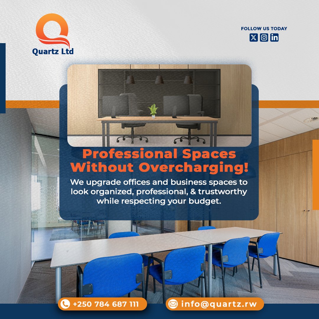 quartz_rw's tweet photo. Your office is often the first impression your clients have of your business. Make it count! 💼 At Quartz Ltd, we specialize in upgrading business spaces to look organized, professional, and trustworthy all while respecting your bottom line.

#QuartzLtd #OfficeUpgrade https://t.co/aW6S6VY7Yb