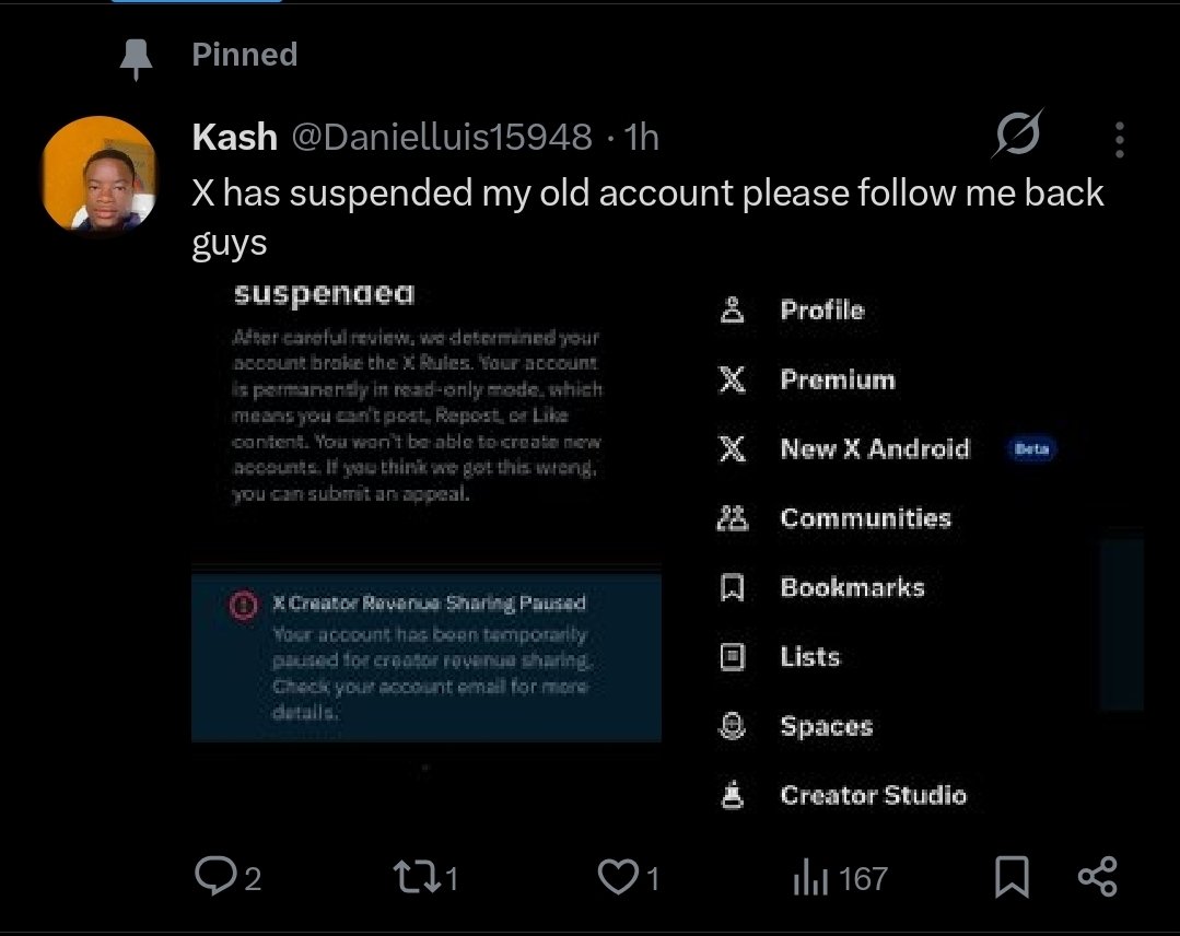 GM! Once more guys pls do well to support a brother Kash his X got suspended 😔  and this his new account 
<a href="/Danielluis15948/">Kash</a>
He will follow back Asap ❤️