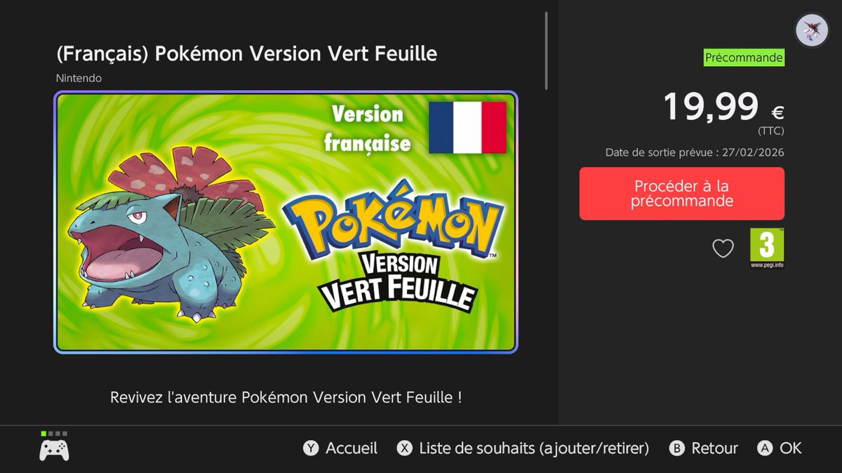 Le Nintendo eShop révèle que Pokémon Rouge Feu et Vert Feuille arrivent le 27 Février prochain sur Nintendo Switch 1 et 2.
Les jeux seront vendus au prix de 19,99€ chacun et sont disponibles à la précommande.

La compatibilité Pokémon HOME est confirmée.