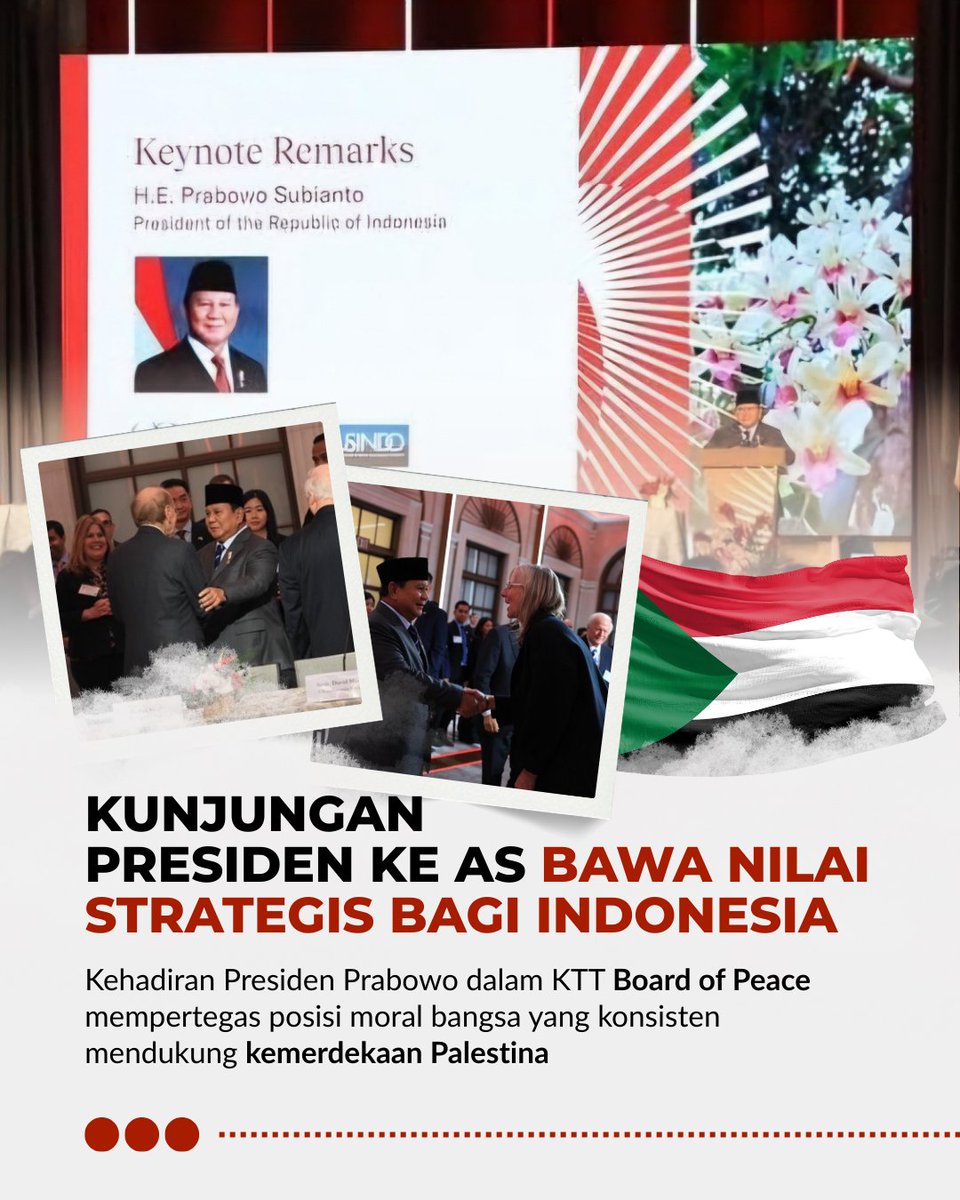 kclongman's tweet photo. Kunjungan Presiden ke AS Bawa Nilai Strategis Bagi Indonesia.  Kehadiran Presiden Prabowo dalam KTT Board of Peace mempertegas posisi moral bangsa yang konsisten mendukung kemerdekaan Palestina. #Indonesia #KTT #kttboardofpeace #boardofpeace #Prabowo https://t.co/QXmr1DOkgl
