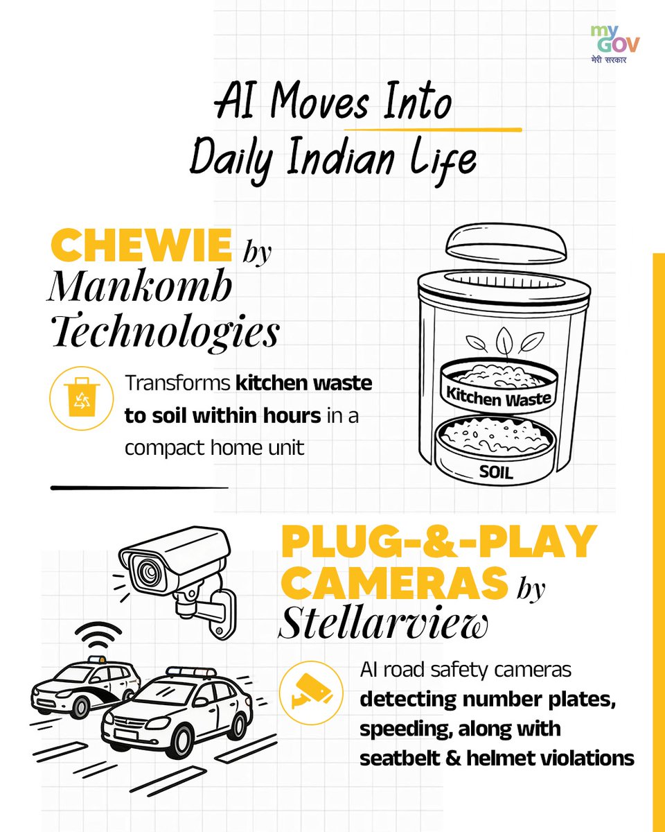 mygovindia's tweet photo. Chewie by Mankomb Technologies converts kitchen waste into soil within hours through a compact home unit, promoting sustainable living. 

Stellarview’s plug-and-play AI cameras detect number plates, speeding, seatbelt and helmet violations. These systems enable smart city infrastructure with reduced dependence on external servers and faster local processing.

#IndiaAIImpactSummit2026