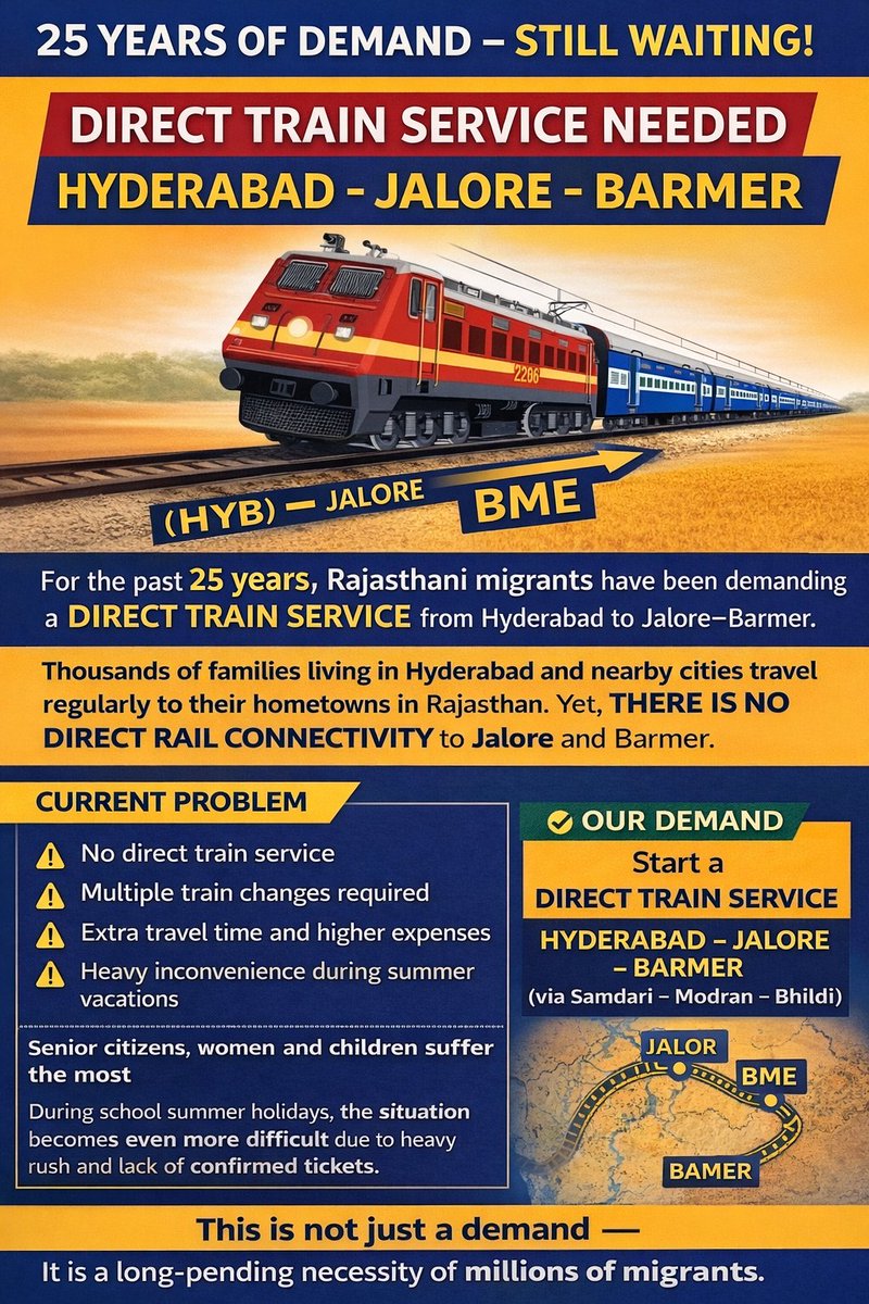 <a href="/DRMJodhpurNWR/">DRM JODHPUR</a> <a href="/NWRailways/">North Western Railway</a> #हैदराबाद से #जालौर-बाड़मेर के लिए #स्पेशल रेलगाड़ी चलाई जाए ताकि #प्रवासियों को #राहत मिल सके।जो लोग आज #2000Km लंबी दूरी कि यात्रा बस में कर रहे है