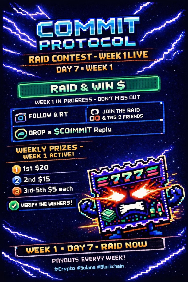 Commit_onsol's tweet photo. WEEK 1 โข DAY 7
Last day of the first week of our 2-week raid.
Trenches close tonight. Conviction stays forever.
Raid hard. Secure the bag.
Week 2 gets even heavier. ๐ฅ๐ง ๐ฐ
#COMMIT #Solana #RaidContest https://t.co/Q4MtOtCNjR