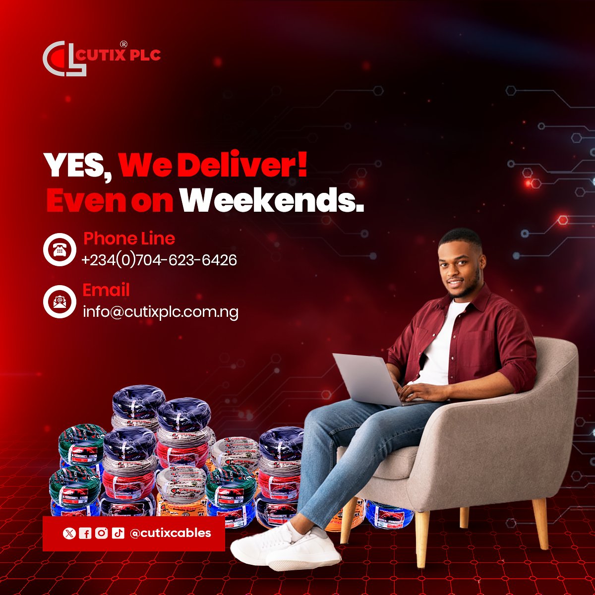 Cutixcables's tweet image. Your installation timeline is tight?
Your supply shouldn’t be.
Cutix Cables - delivered when you need it.
Weekdays. Weekends. Always. 

For more info:
☎️: +2347046236426
📧: info@cutixplc.com.ng

#CutixPlc #qualityCables #TGIF #CutixCables #HappyWeekends