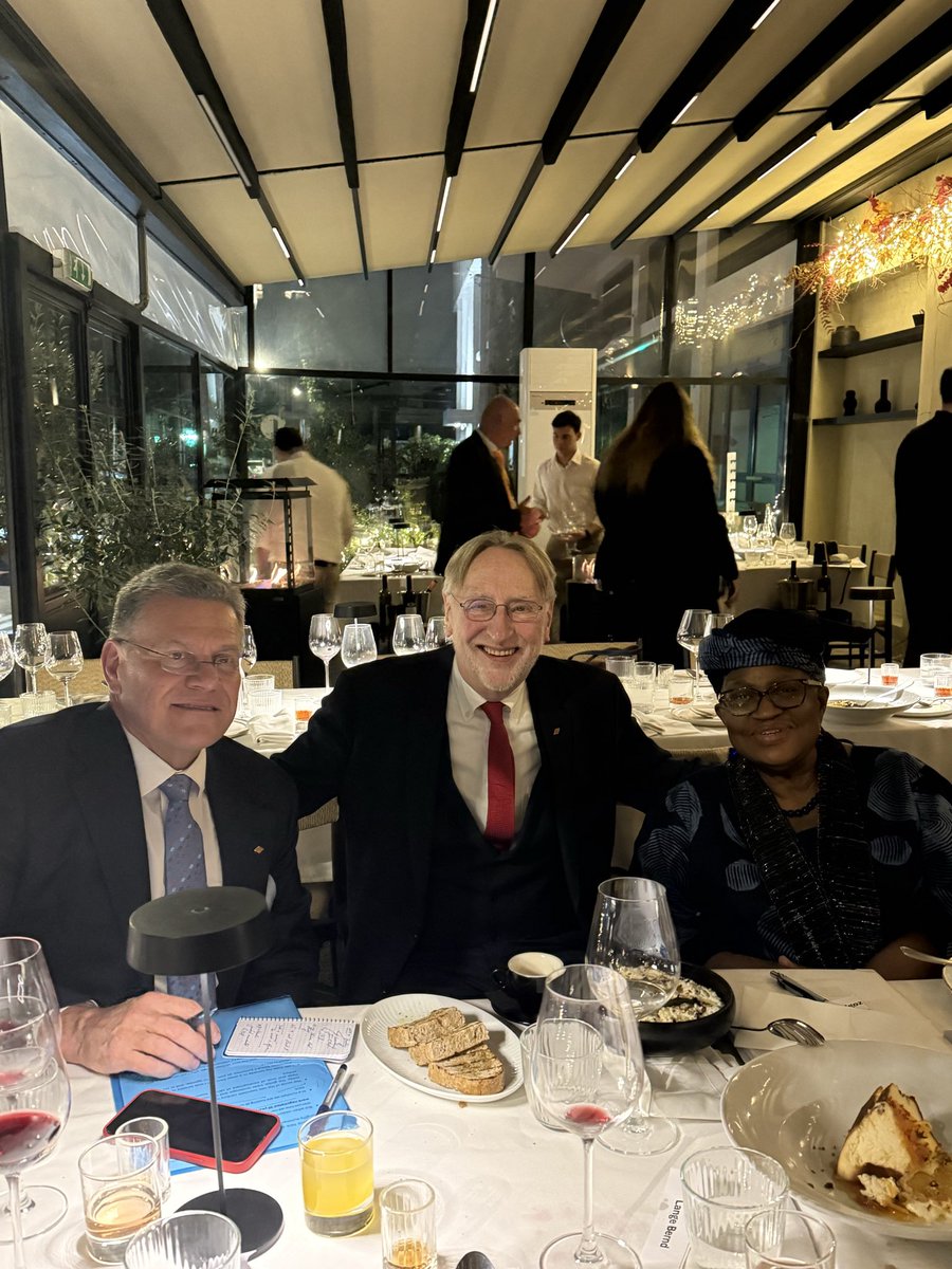 NOIweala's tweet photo. Joining EU Trade Ministers and officials in Nicosia, Cyprus, for a dinner discussion on preparations for MC14. Many thanks to HE @MichaelDamianos, Minister of Energy, Commerce and Industry, Loucas Symeonides, Director of Trade Service, and the Cypriot EU Presidency, as well as HE Commissioner @MarosSefkovic, and Parliamentarian HE @berndlange for a productive discussion.