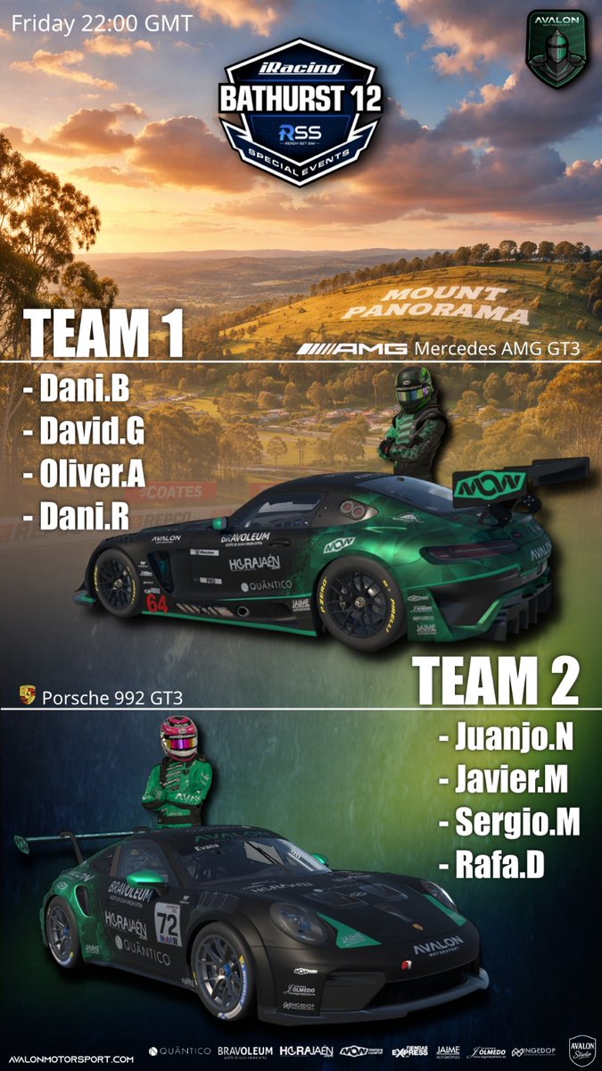 🏁 ENDURANCE DAY 🏁 
in <a href="/iRacing/">iRacing</a> 

🎯 12H Bathurst 🎯
(Mount Panorama)

Uno de los circuitos más exigentes del panorama automovilístico será el escenario de una nueva batalla para los Caballeros de nuestra sección de #Iracing 

Dos equipos, un único objetivo:
Lograr alcanzar la
