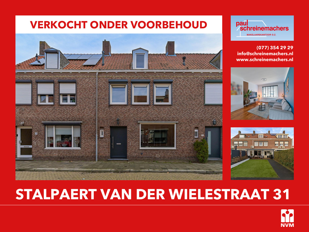 ❗VERKOCHT ONDER VOORBEHOUD❗️
Stalpaert van der Wielestraat 31

Nabij supermarkt, winkelcentrum en scholen gelegen tussenwoning met ruime tuin op het oosten met aluminium overdekt terras, kunstgras, berging en vrije achterom.