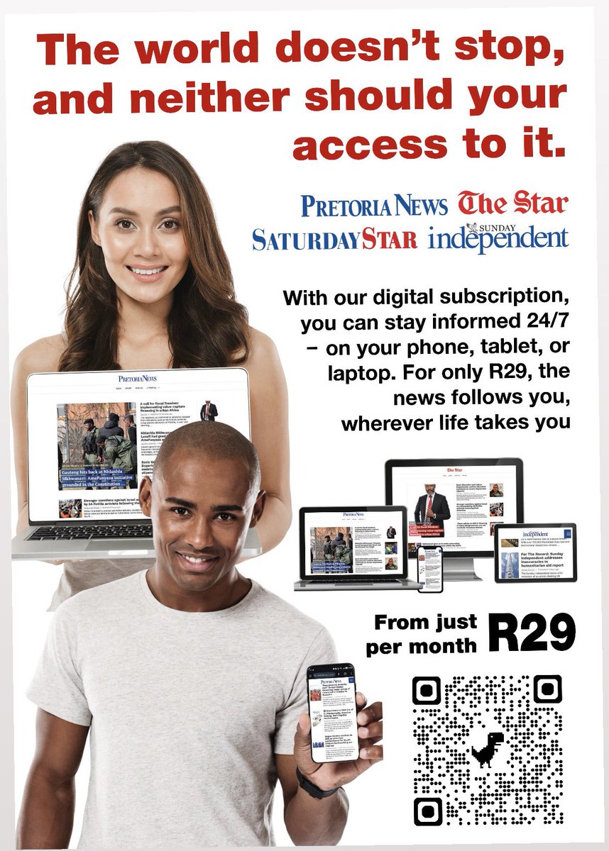 pretorianews's tweet image. Swipe. Scroll. Stay updated!

Get The Star, Pretoria News, Saturday Star, and Sunday Independent digitally – all in one subscription for just R29. Take the headlines wherever you go!

#DigitalNews #SwipeScrollStayUpdated #NewsOnTheGo #AlwaysConnected #StayInTheLoop