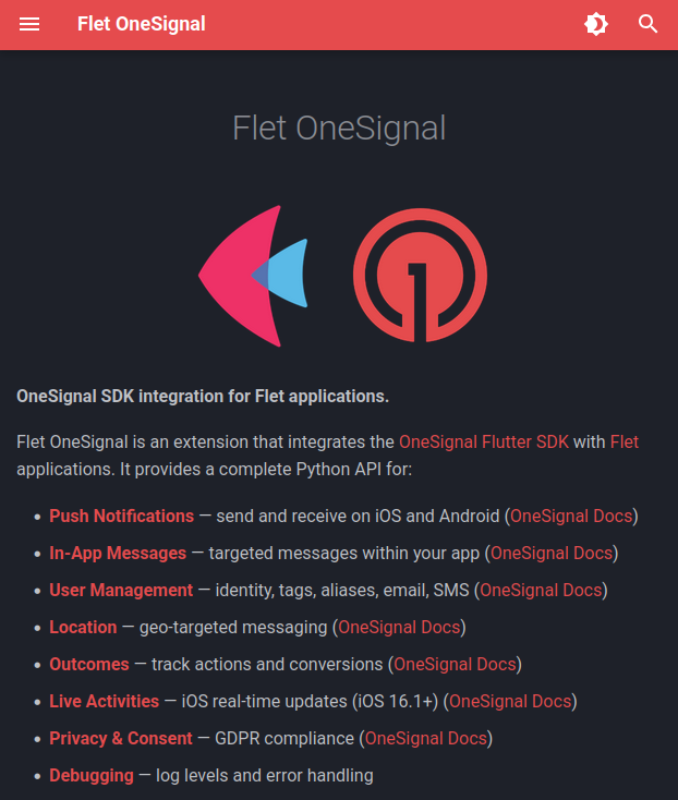 BrunoBrown86's tweet photo. flet-onesignal v0.4.3 is out!
OneSignal SDK integration for Flet now has full documentation — API Reference, guides for all modules, migration guide & troubleshooting.
https://t.co/9XiiYaNQDy
#Python #Flet #Flutter @flutterando_ #OneSignal @onesignal #OpenSource https://t.co/yG0PHvqFgh