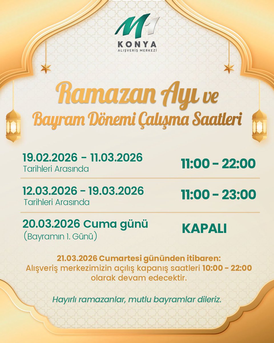 Ramazan ayı ve bayram dönemi boyunca, belirtilen saat aralıklarında hizmet vermeye devam edeceğiz. 🌙

#m1konyaavm #ramazan #hayirliramazanlar