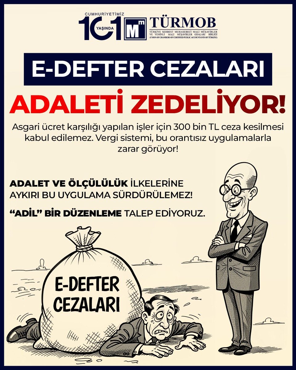 #EDefterYıllıkOlsun
Bir hata ya da unutmanın cezası hiç bu kadar ağır olmamıştı!
E-Defter Cezaları Adaleti Zedeliyor, Bütçeleri Yıkıyor, Mükellefleri Çok Zor durumda bırakıyor!
Adalet ve Ölçülülük İlkelerine Aykırı Bu Cezalar Sürdürülebilirliği zedelemektedir!
<a href="/gibsosyalmedya/">Gelir İdaresi Başkanlığı</a>
