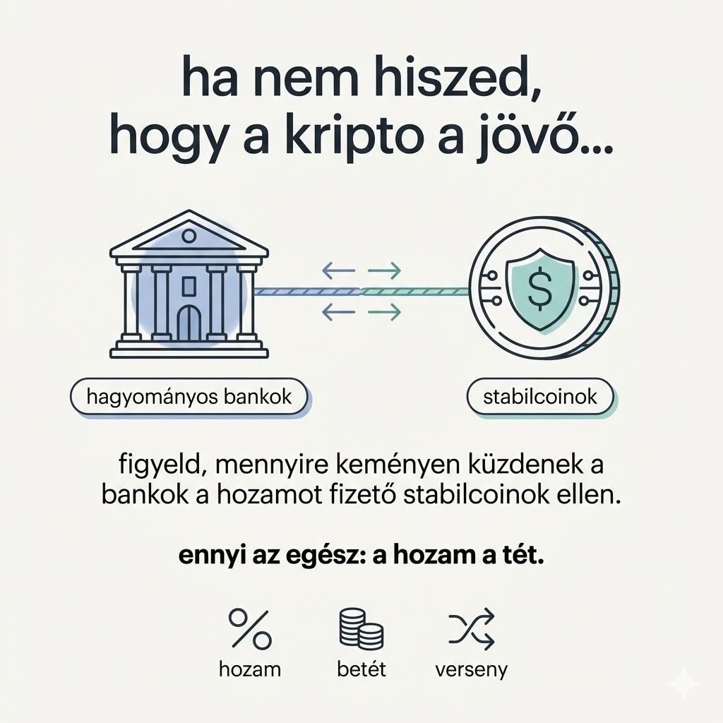 A bankok nem véletlenül feszültek rá az USA-ban a hozamot fizető stablecoinokra. A Clarity Act körüli csatározás lényegében arról szól, ki kontrollálja majd a jövőben a lakossági hozamokat. 💸
Amíg a banki betéti kamat sok helyen közel nulla, addig a stabilcoin hozam erős