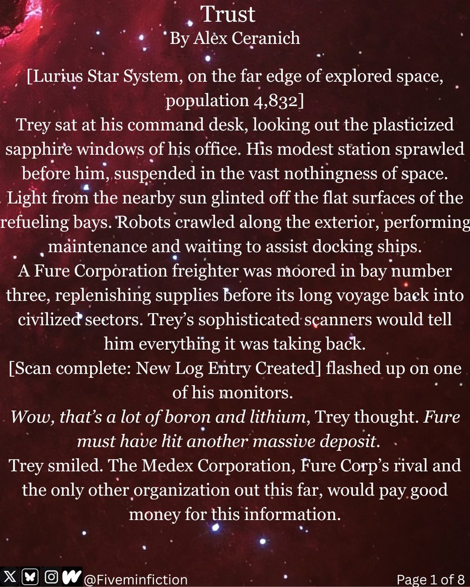 fiveminfiction's tweet photo. Hi All.
Apologies on this one, it ran a little past the word count limit for the @Fiveminfiction format, so we only have room to post the first 2/3s of the story. If you’d like to see how it ends, please click the link below to see the archived version on our website. Again, sorry for the inconvenience.

Having trouble reading this short story? See the plain text version on our website: https://t.co/xzACMlVPVn

Title: Trust
Genre: Sci-fi
Word count: 2365

Follow Alex at https://t.co/iggSEt8c16
You can pick up his book Gutter Mouse here: https://t.co/5QpK4flBS8