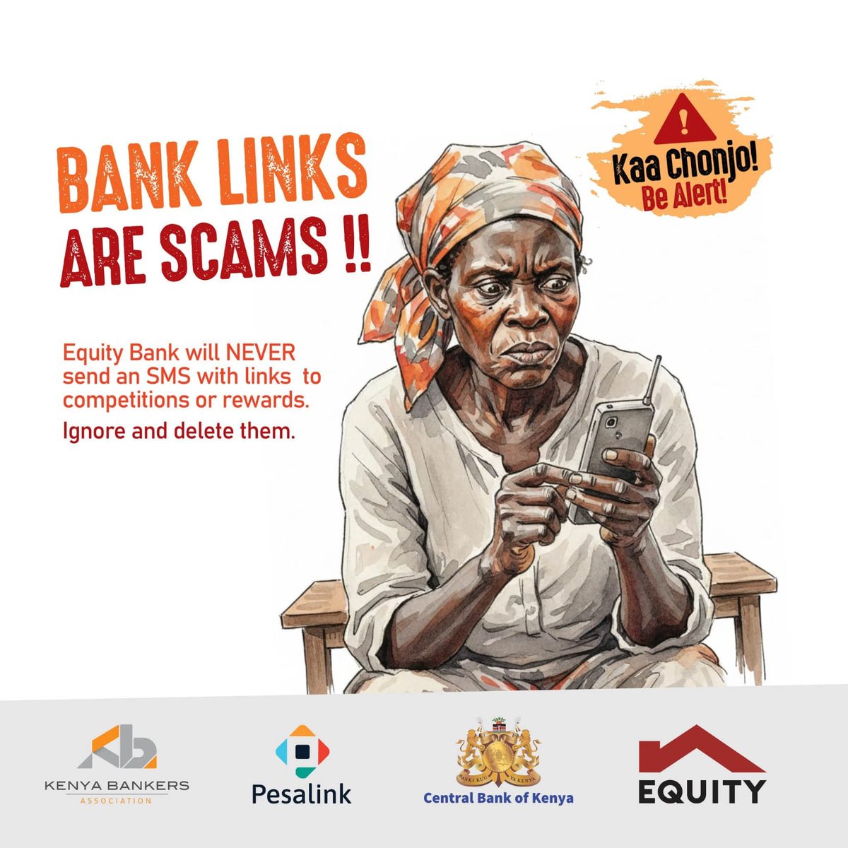 KeEquityBank's tweet image. Equity Bank does NOT send SMS with links for prizes, rewards, or competitions. If you get an SMS asking you to click a link, it’s a scam.

Do not click it. Delete it immediately.

Kaa Chonjo. Be alert.

#KaaChonjo #Securebanking #FraudAwareness #Equity
