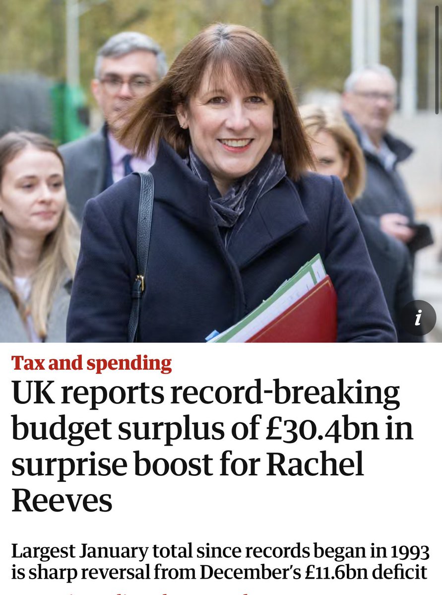 The Labour government will boast about this being due to their economic wizardly. The reality is different:

The £30.4bn surplus is due to the self-assessment end of January tax payment deadline and companies &amp; individuals selling assets before the capital gains tax increases.