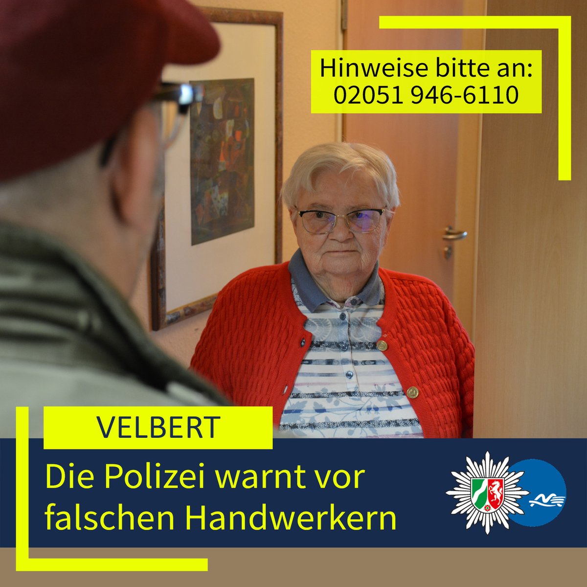 polizei_nrw_me's tweet photo. #Velbert: Am Dienstag, 17.2.26, sowie am Donnerstag, 19.2.26, haben sich falsche Handwerker Zutritt in Wohnungen von Seniorinnen in #Langenberg verschafft. Die Polizei ermittelt und bittet um Hinweise. Siehe: https://t.co/41rskQ1KZe #PolizeiME https://t.co/lmoTYPY7Kq
