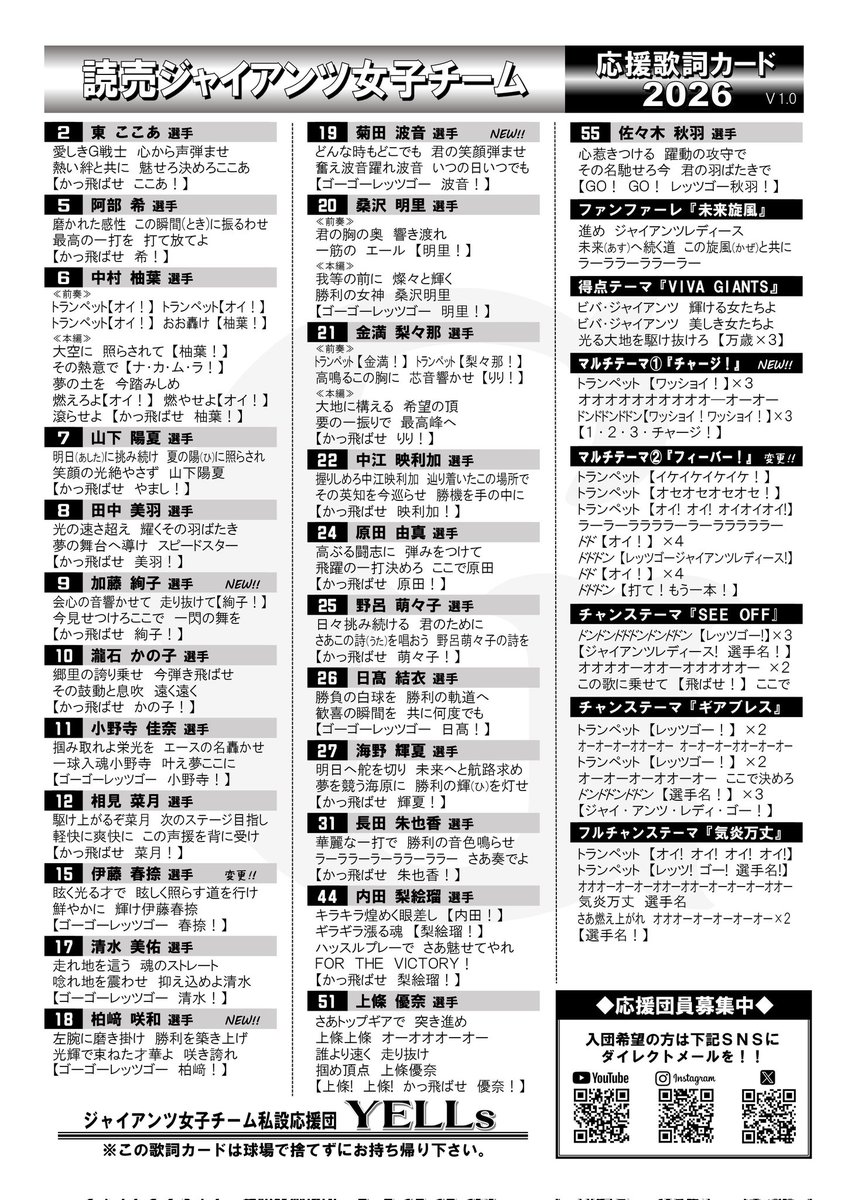giants_risesum's tweet photo. 球春到来🌸シーズンを前に我ら応援団気合い入りまくってます🔥準備万端！今年も応援歌詞カードを用意しましたので球場でお配りします！
もちろん新応援歌も全て載ってます！
伊藤選手のコールも更新されてます！
最高のエールを作り上げましょう🎵
#読売ジャイアンツ女子チーム #巨人 #拡がれ女子野球 https://t.co/Iv0kWxSK0M