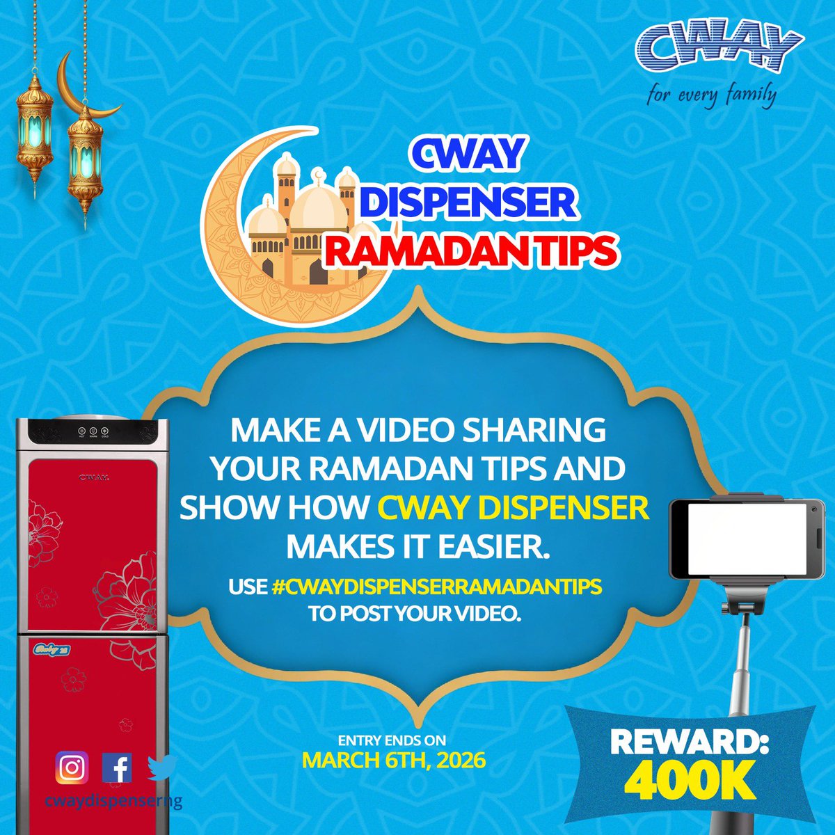 Got a smart Ramadan tip? 🌙✨

Share it with us and show how your CWAY Dispenser makes your fasting routine easier and more convenient 💧💙From quick Suhoor prep to effortless Iftar moments.

Terms and conditions apply.

#Dispenser
#CwayDispenserRamadanTips
#SmarterLiving