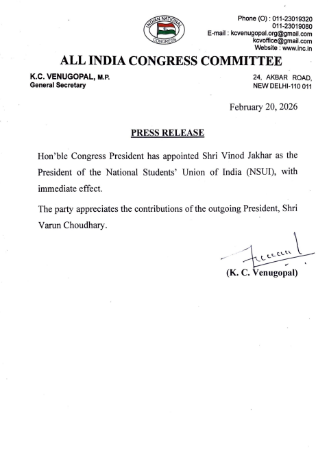 Congress President Shri <a href="/kharge/">Mallikarjun Kharge</a> has appointed Shri <a href="/VinodJakharIN/">VINOD JAKHAR</a> as the President of the National Students' Union of India (NSUI), with immediate effect.

The party appreciates the contributions of the outgoing President, Shri <a href="/varunchoudhary2/">Varun Choudhary</a>.