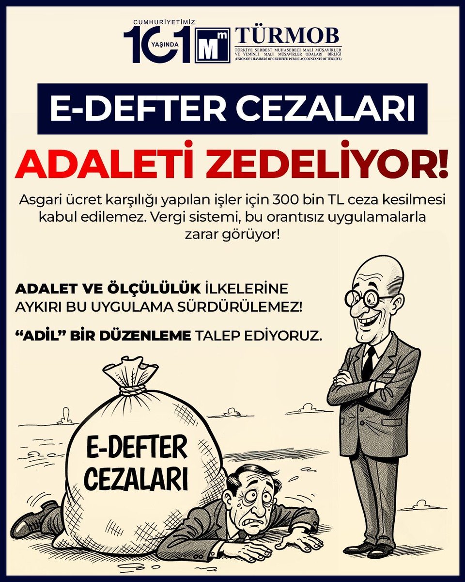 #EDefterYıllıkOlsun
Bir hata ya da unutmanın cezası hiç bu kadar ağır olmamıştı!
E-Defter Cezaları Adaleti Zedeliyor, 
Bütçeleri Yıkıyor, Mükellefleri Çok Zor durumda bırakıyor!
Adalet ve Ölçülülük İlkelerine Aykırı Bu Cezalar Sürdürülebilirliği zedelemektedir!
<a href="/gibsosyalmedya/">Gelir İdaresi Başkanlığı</a>
