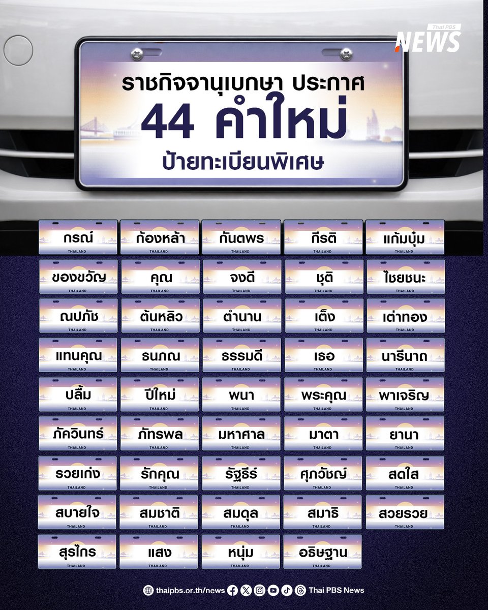 44 คำใหม่ ป้ายทะเบียนพิเศษ “รักคุณ รวยเก่ง มหาศาล” เช็กเลยมีคำอะไรบ้าง
.
เว็บไซต์ ราชกิจจานุเบกษา เผยแพร่ประกาศนายทะเบียนทั่วราชอาณาจักร เรื่อง การกำหนดการใช้ตัวอักษรประจำหมวดและหมายเลขทะเบียนรถ สำหรับรถยนต์นั่งส่วนบุคคลไม่เกินเจ็ดคน ที่จดทะเบียนในเขตกรุงเทพมหานคร (ฉบับที่ 13)