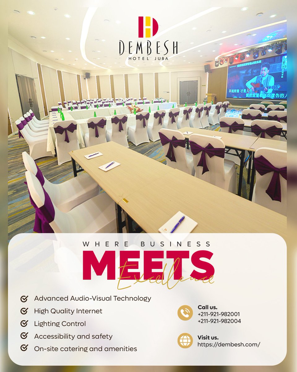 dembeshotel's tweet photo. Where ideas gather and excellence unfolds. Our conference halls combine technology, space, and attentive service to create impactful meetings. Contact us on +211 921 982 004
#DembeshHotel
#ConferenceVenue #CorporateEvents #BusinessInStyle https://t.co/hELtPHmvsY
