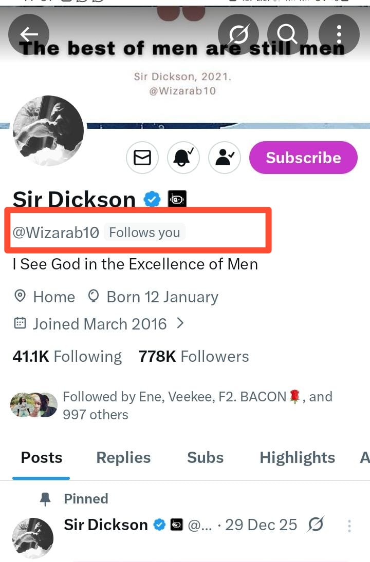 Guys, guess what?

One of the biggest and most respected personalities on X just followed me.

Sir Dickson <a href="/Wizarab10/">Sir Dickson</a> just followed me.
Thanks so much sir.

This is louder than you think, and it means a lot to me.

We are building a stronger voice together.