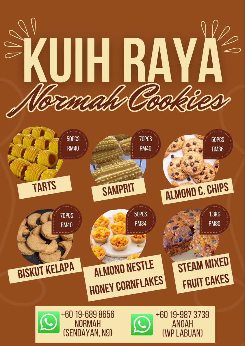 Angah3739's tweet photo. Open order Kuih Raya by ‘Normah Cookies’

Geng Semenanjung boleh direct owner:
https://t.co/ZyNtFBkni8 (@normahcookies )

Geng Labuan boleh hubungi saya:
https://t.co/9CbK46dTwL (@Angah3739 ) https://t.co/tCunbNNqDb