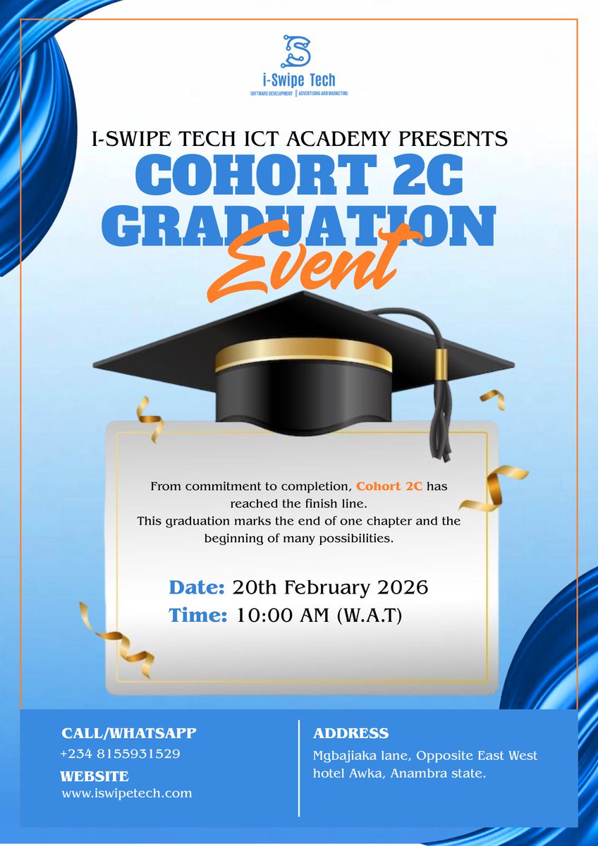 ISwipeTech's tweet photo. Congratulations, Cohort 2C! 

Your hard work and dedication paid off.
Join us today being 20th February 2026 as we celebrate your achievements at the Graduation Event.

See you there!

#ISwipeTech #ICTAcademy #Cohort2C #TechGraduation #DigitalSkills #TechExcellence https://t.co/vVbMxR8ocz