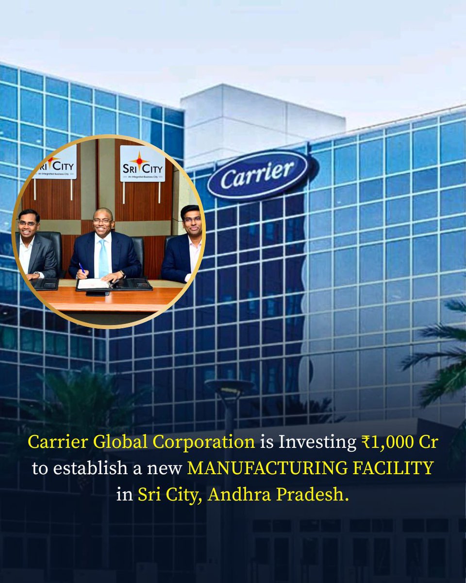 IndiaWithR9463's tweet photo. Carrier Global Corporation is investing Rs 1,000 Cr to establish a new Manufacturing facility in Sri City, #andhrapradesh
#sricity #carrier #newfactory #india #newjobs #developingindia https://t.co/8C15w7HdTV